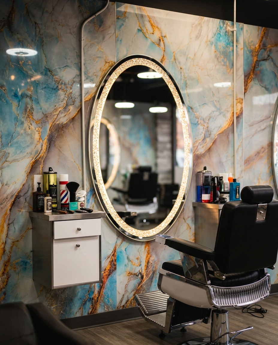 Crystal-framed round mirror against the blue and gold marble wall