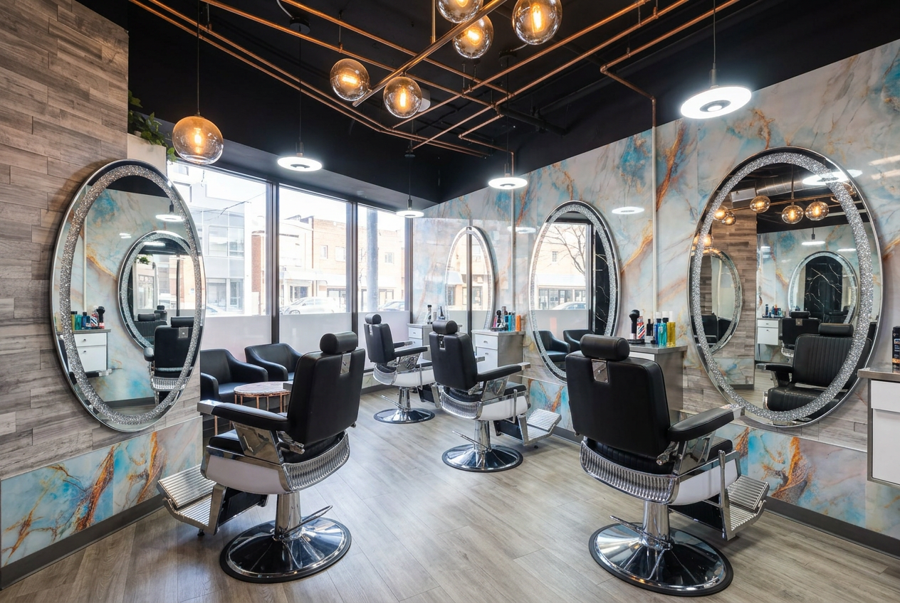 MESH salon floor with barber chairs and blue marble wall
